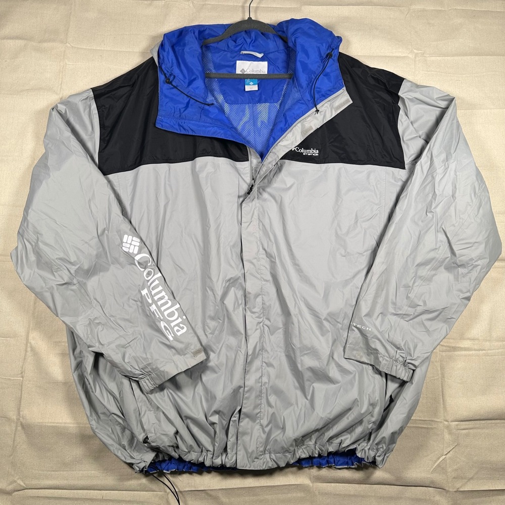 Columbia PFG Omni-Tech Rain Jacket Mens 5XT Tall Gray Blue Packable Hooded Shell